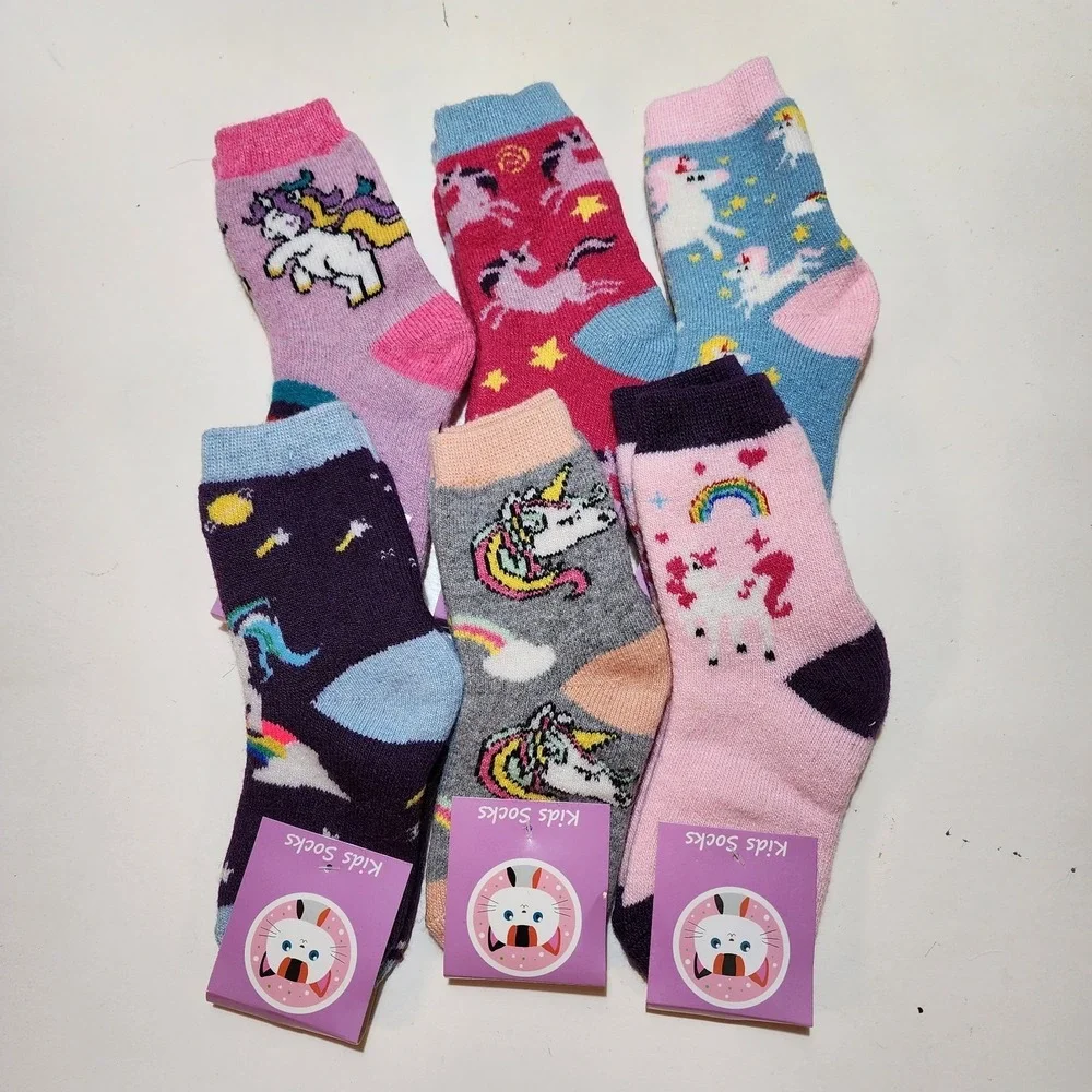 NEW High‎ Quality Thick Wool Blend Unicorn Socks 6 Each Fits Ages 4-7 Multicolor